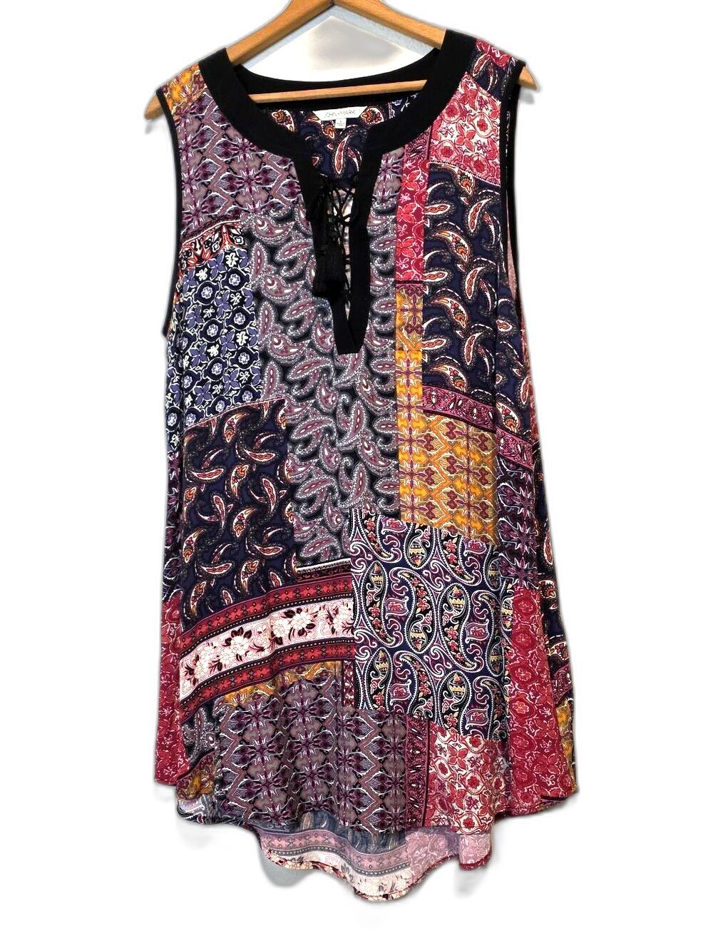 John Mark Lace Up Tunic Top Sleeveless Patchwork Boho Festival Resortwear Large